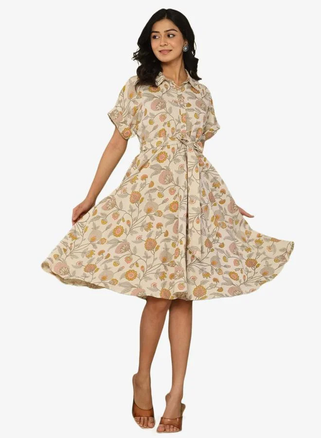 KASYA Off White Floral Cotton Linen Dress